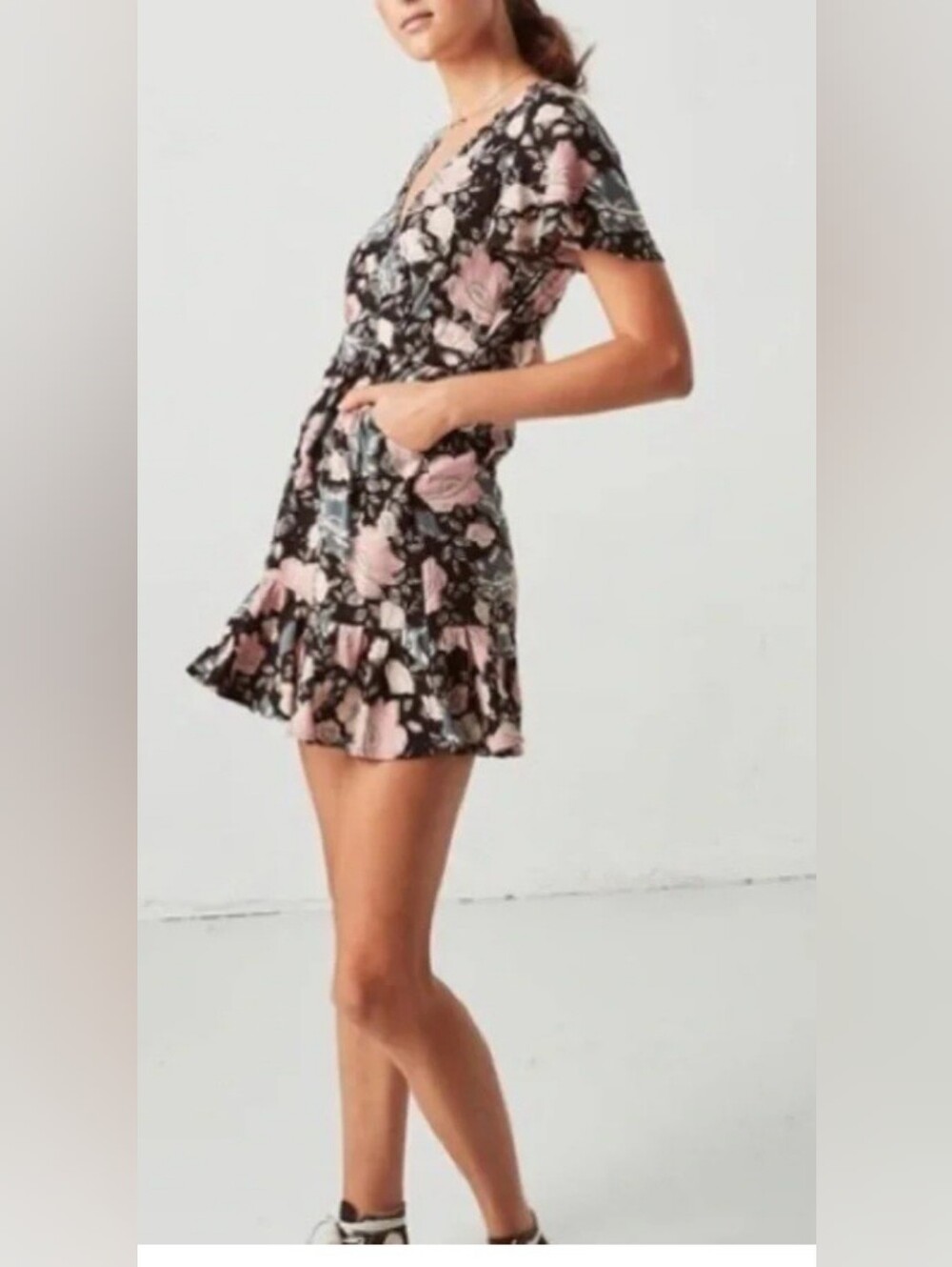 Spell Black Mini Dress with Pink Floral Print Size XS